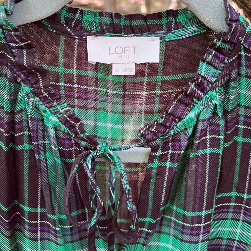LOFT Tartan Plaid Puff Sleeve Tiered Dress Womens XS Green Blue Modern Grunge - Picture 5 of 12